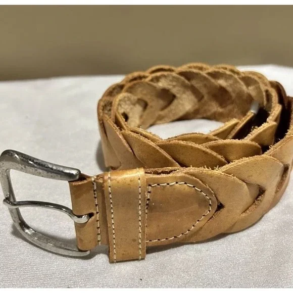 Brown Leather Belt Braided Size Small 2" Wide - Picture 4 of 5